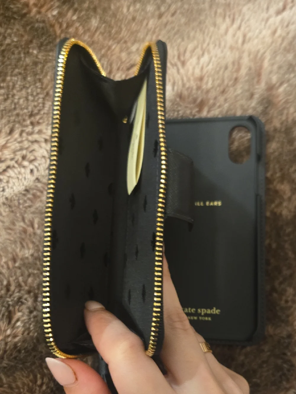 kate spade black zip around wristlet wallet with gold logo